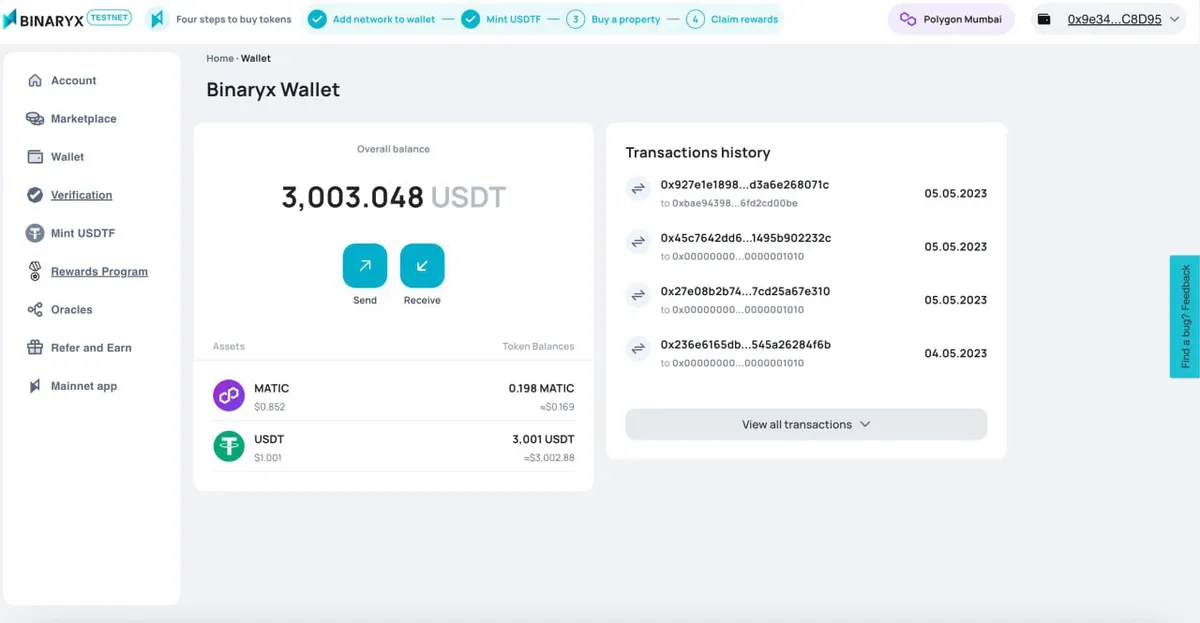 Interface du Binaryx Wallet sans MetaMask