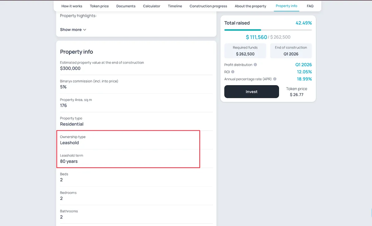 Indication du type de propriété foncière Freehold ou Leasehold sur les biens Binaryx