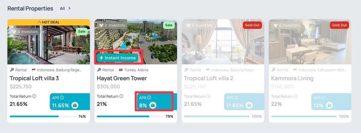 Capture d'écran des nouveaux labels Instant Income et Locker sur une fiche de bien Binaryx