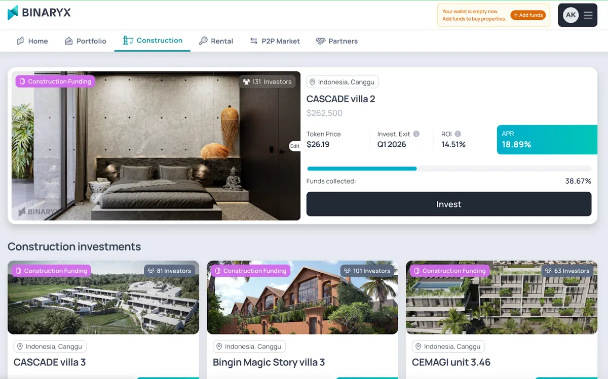Nouvelle vue Master Property pour les biens Binaryx en phase de construction, listant unités et étapes de financement