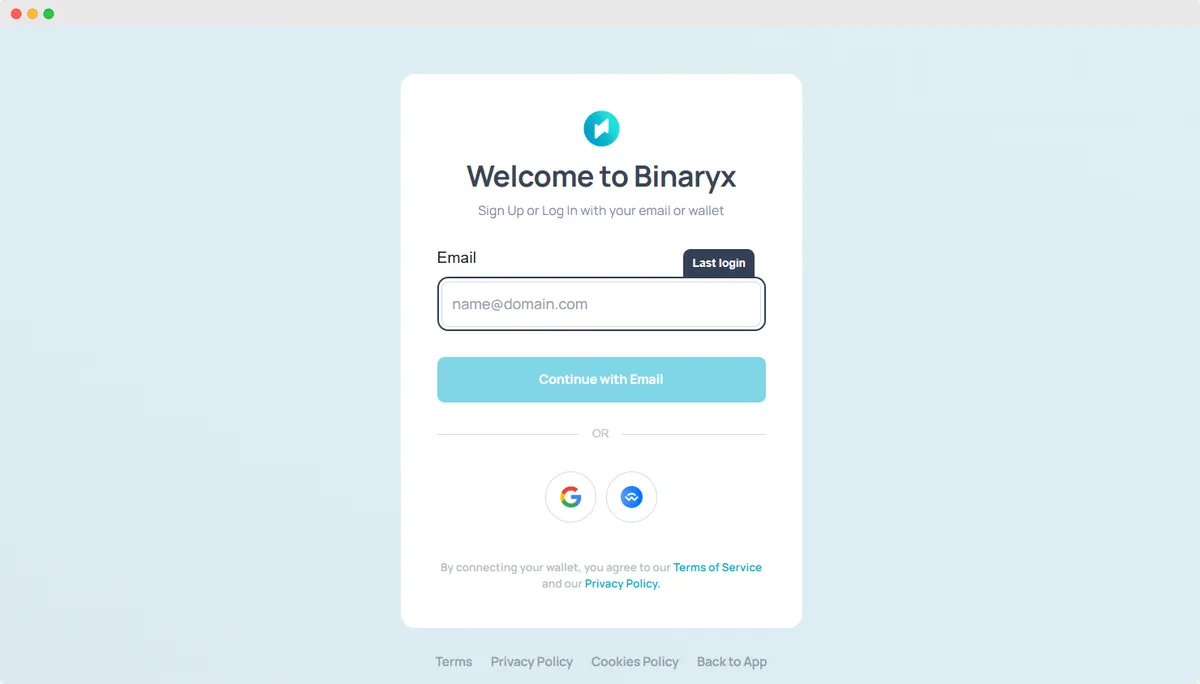 Écran de connexion Binaryx version 1.1.0