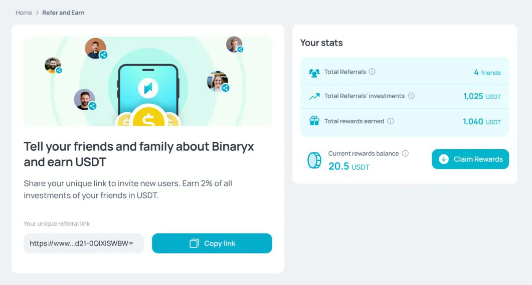 Aperçu de l'interface du programme de parrainage Binaryx