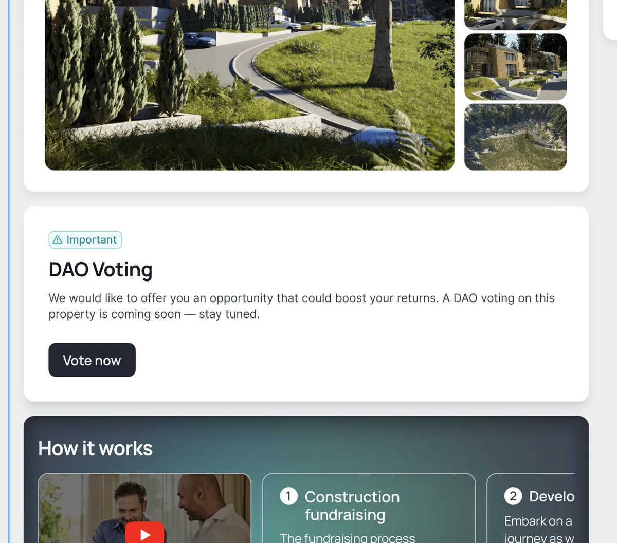 Interface de vote DAO Binaryx sur un bien immobilier en construction
