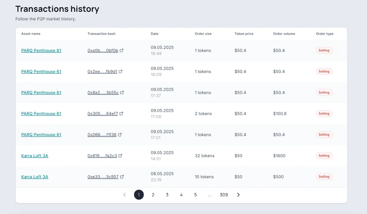 Historique des transactions sur Binaryx en temps réel