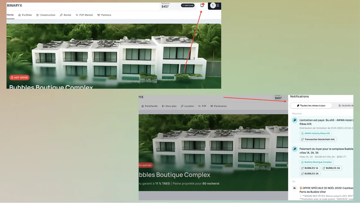 Notifications push web et bannières in-app Binaryx, interface de septembre 2025