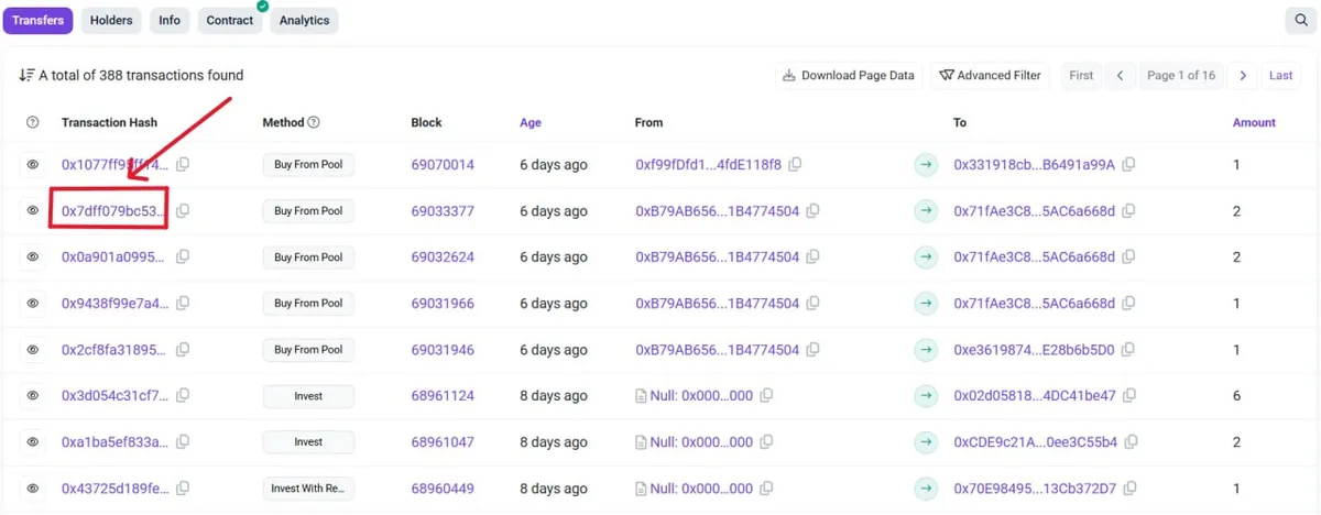 Cliquez sur le hachage de la transaction