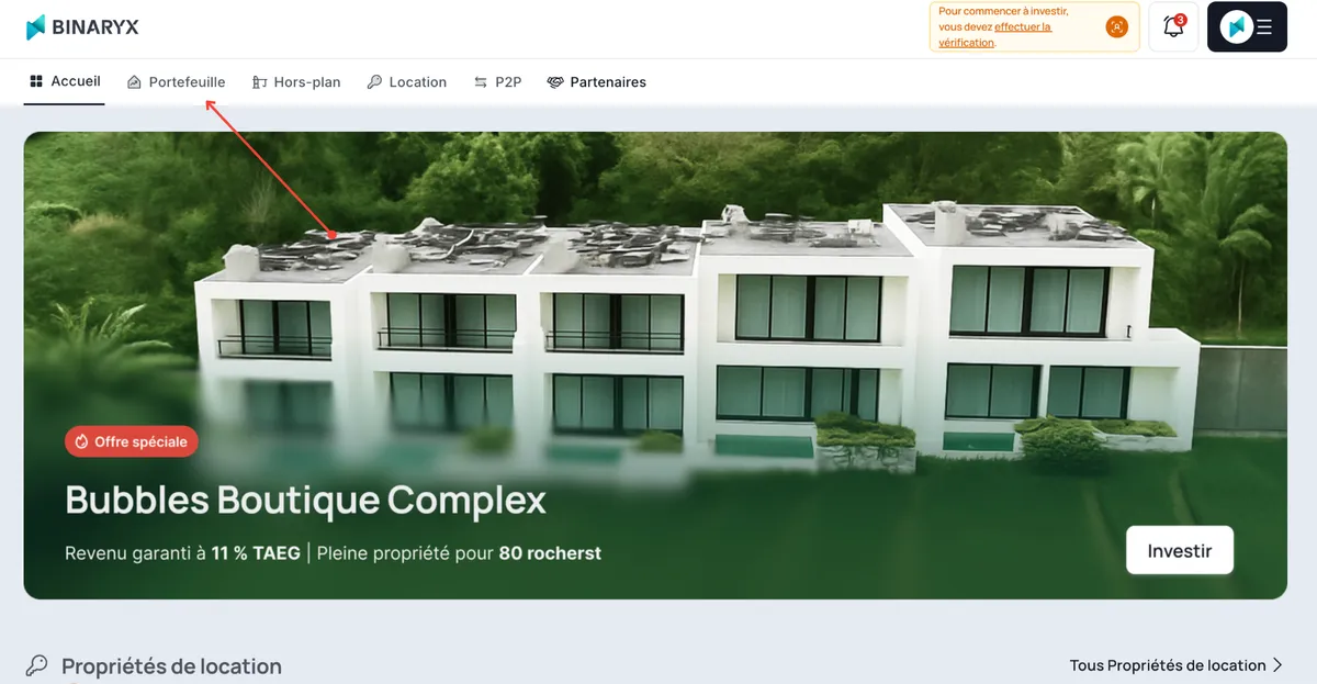 Menu principal de la plateforme Binaryx avec l'accès au Portfolio
