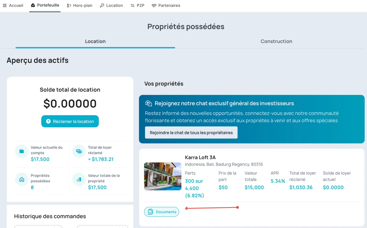 Section Portfolio Binaryx avec le bouton Documents visible
