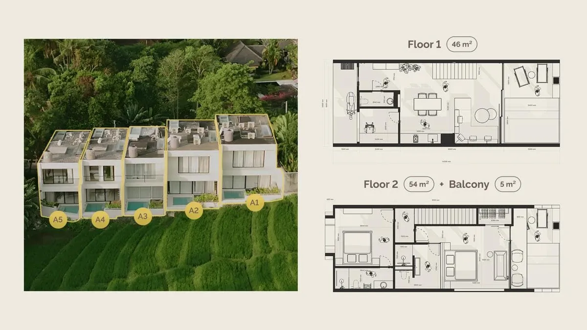 Vue extérieure d'une villa Bubbles entourée de rizières à Tumbak Bayuh, Canggu