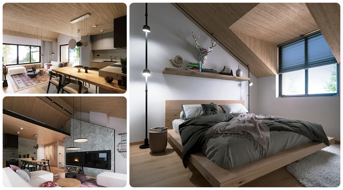 Intérieur du loft duplex Dukley avec vue montagne