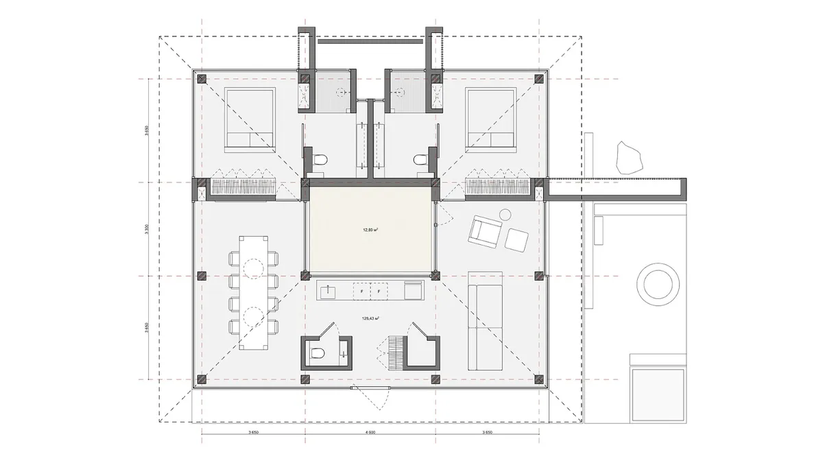 Plan de Roots Villa : 161 m² avec deux chambres, vue jungle, terrasse privée et piscine