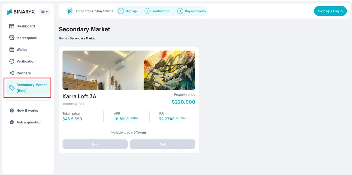 Interface du marché secondaire Binaryx pour la vente de tokens immobilier